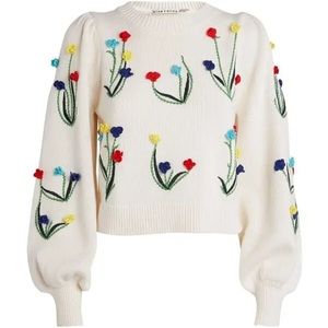 Alice + Olivia Floral Crochet Wendell Cropped White Sweater
